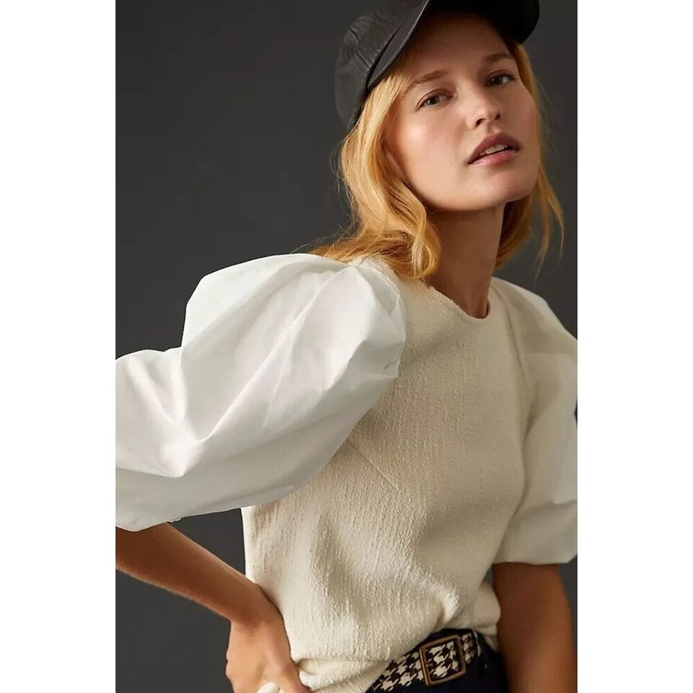 Anthropologie & Black Textured Puff Cream Whimsy Boho Sleeve Blouse L - Picture 3 of 14